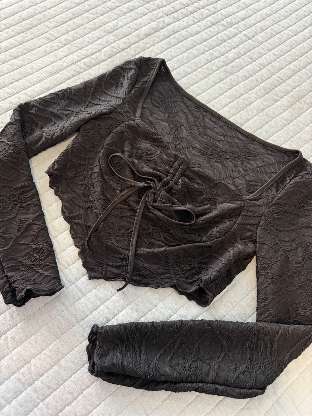 Women’s Lace-Texture Drawstring Crop Top - Black